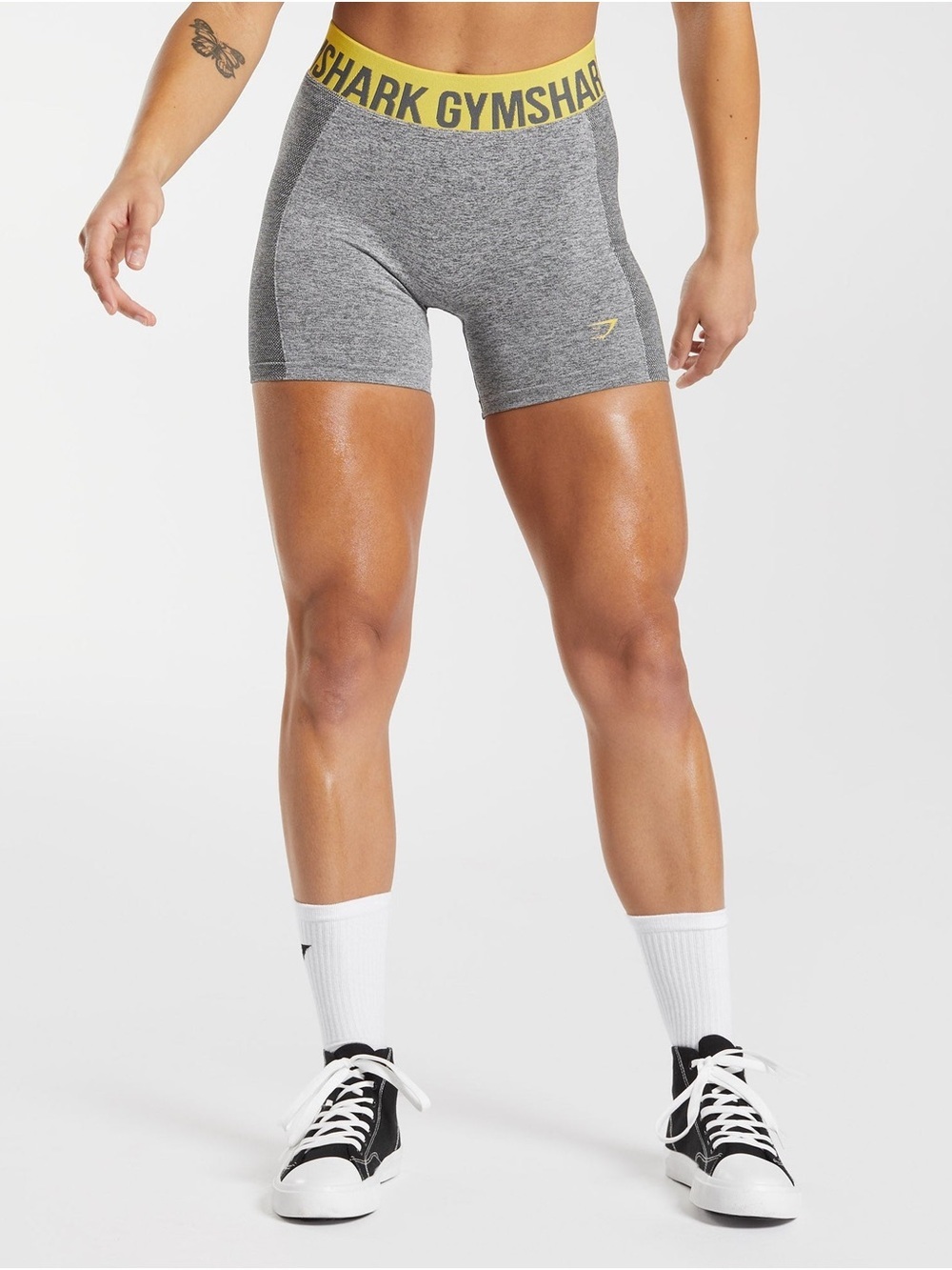 Gymshark Grey Seamless Bike Shorts with Yellow Branded Waistband
